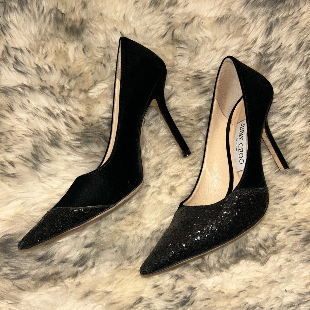 Jimmy Choo Black Sequin & Velvet Asymmetrical 4” Pumps